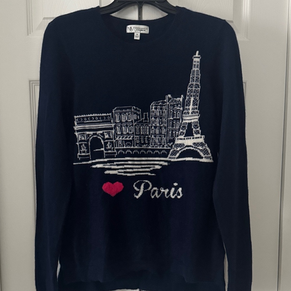 Neiman Marcus Navy Paris Graphic Sweater 💯 % cashmere